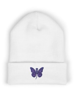 Embroidered Purple Butterfly Cuffed Beanie